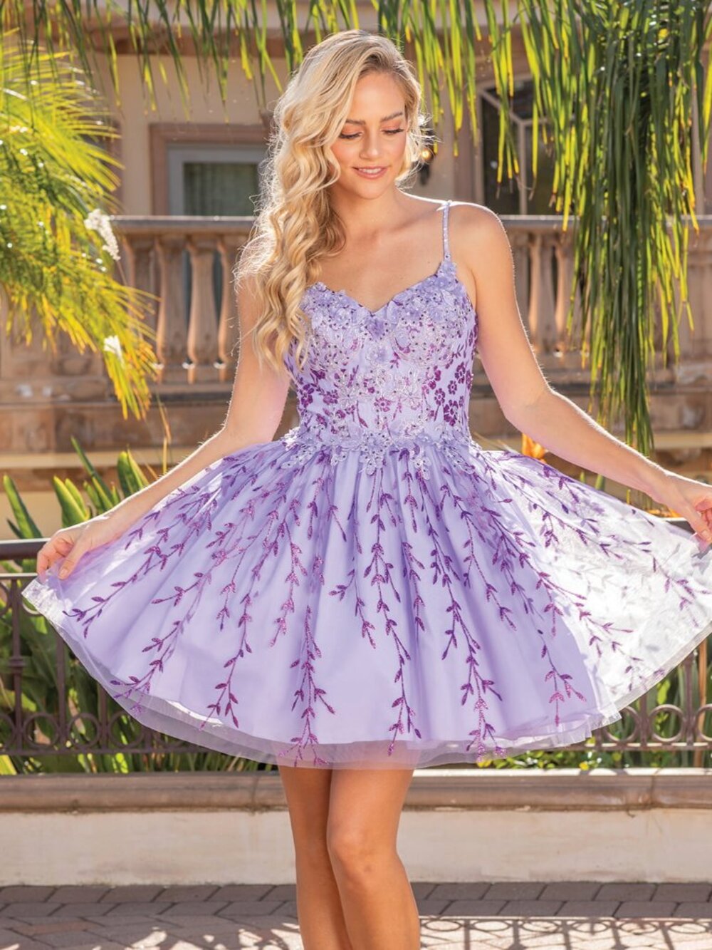 New Romantic Homecoming Short Lilac Dress w/ Flare Skirt & Floral Motif DQ 3278 - Picture 7 of 9